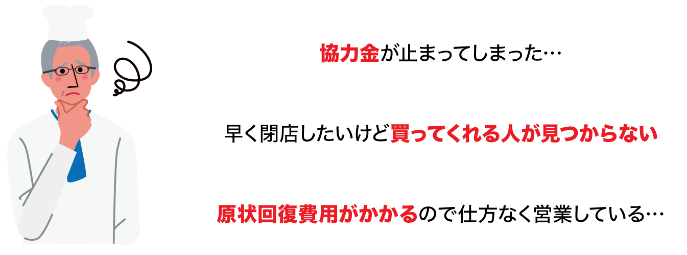 協力金が止まってしまった…早く閉店したいけど買ってくれる人が見つからない…原状回復費用がかかるので仕方なく営業している…